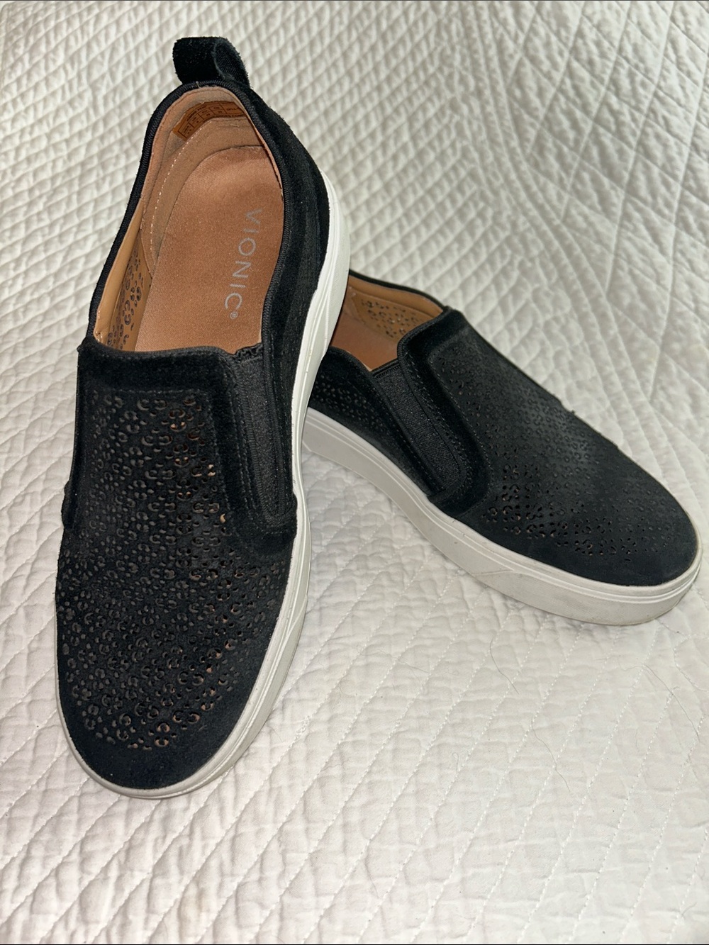 Vionic Black Slip-On Perforated Suede Sneakers with White Sole